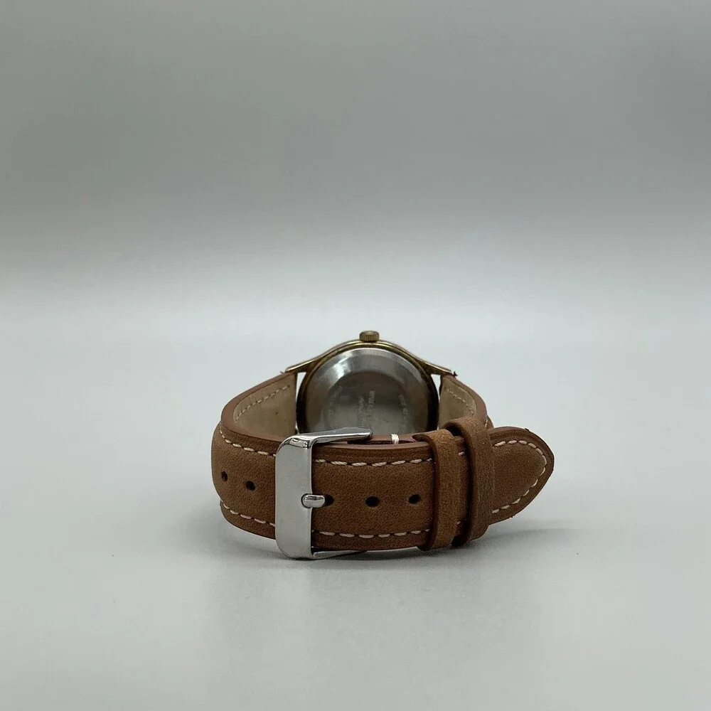 Vintage Timex Automatic Mens Watch 35mm Gold Tone Date Brown Leather Strap